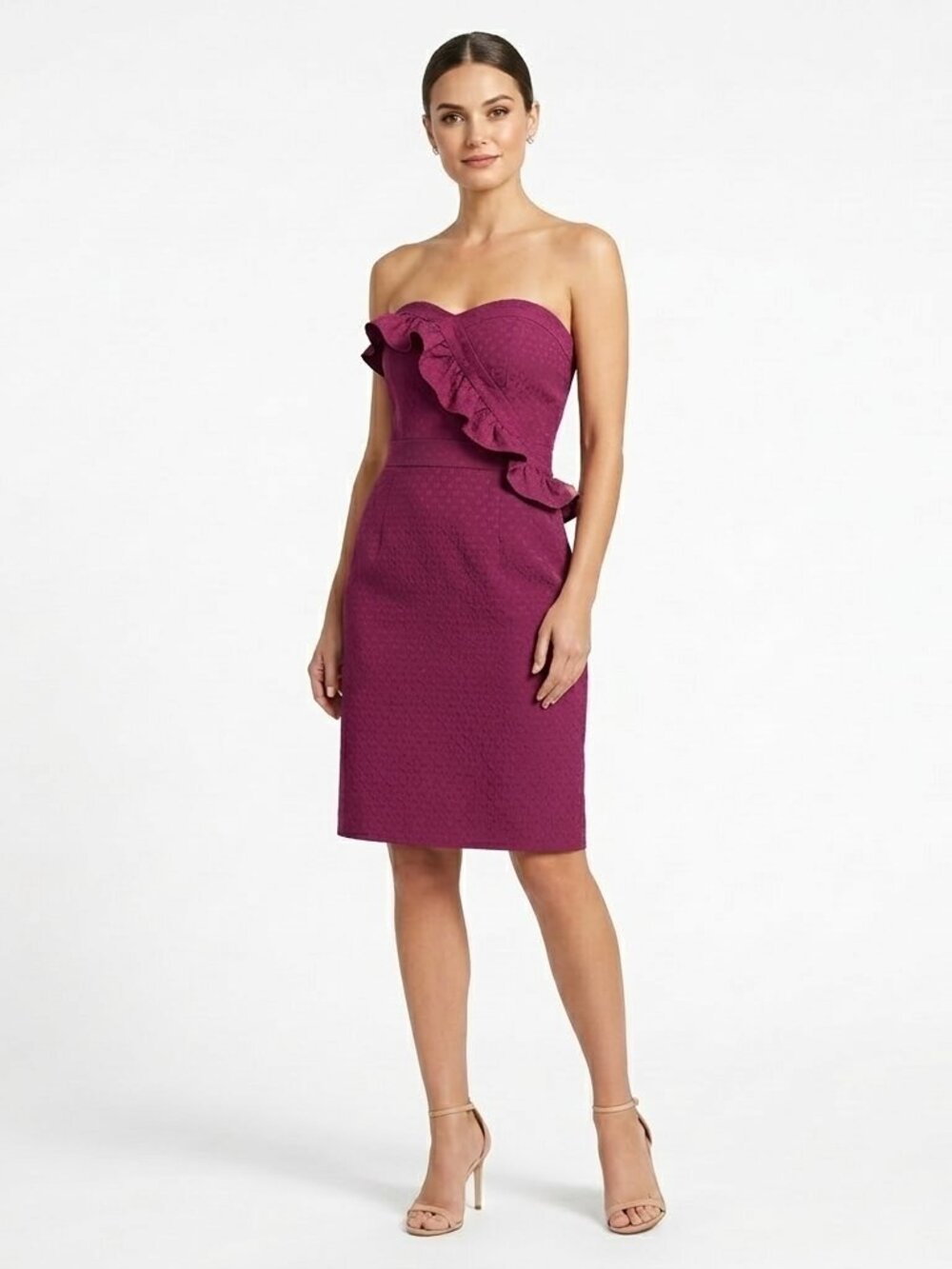 Kensie "Plum Candy" Dot Jacquard Strapless Ruffle Front Dress NEW- Sz. 8
